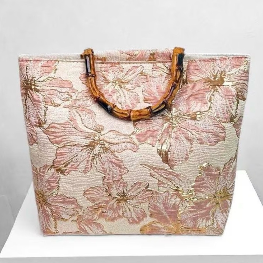 Floral Pink Tote Bag with Bamboo Handles